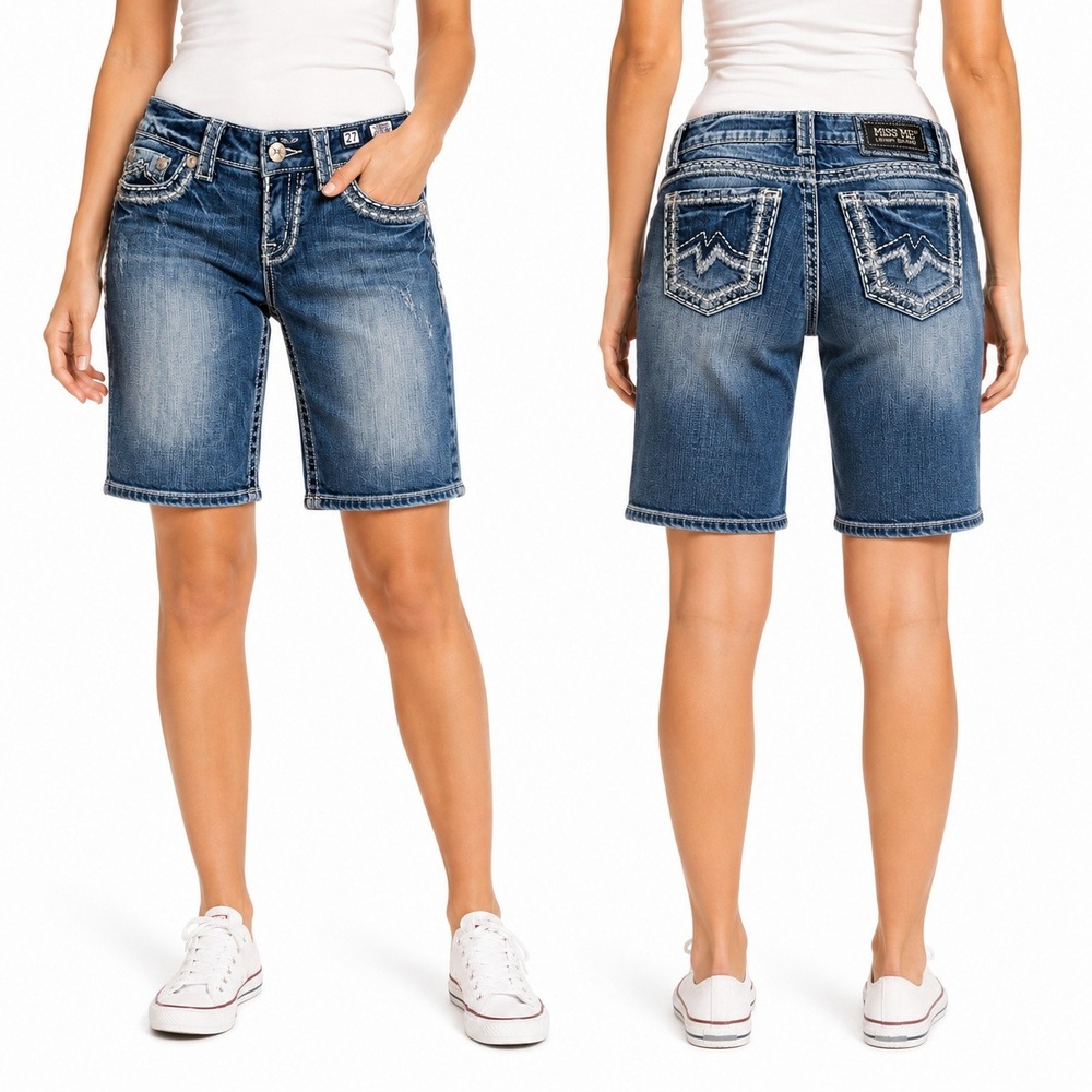 Miss Me Sunny Bermuda Denim Shorts Embellished Pockets Women's Size 27